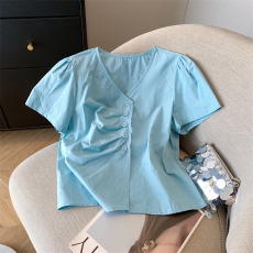 批发实拍◆单排扣抽褶法式上衣女<b class='q'>夏</b>2026新款宽松显瘦韩系气质小衫