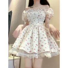 批发甜美风蕾丝花边碎花<b class='q'>连衣裙</b>女夏季小个子蝴蝶结绑带收腰公主蓬蓬裙