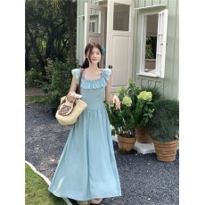 批发实拍实价 新款 薄荷绿法式小飞袖显瘦收腰高级质感<b class='q'>连衣裙</b>