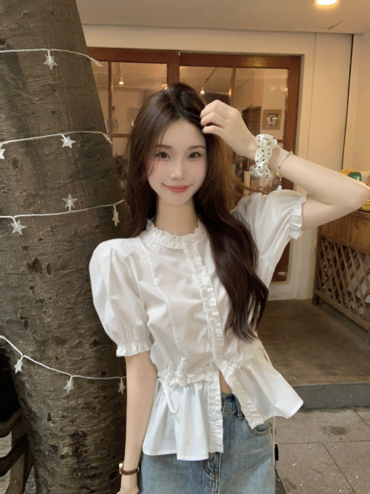 LN29966# 白色设计感简约衬衣女夏季法式修身收腰木耳边短袖衬衫
