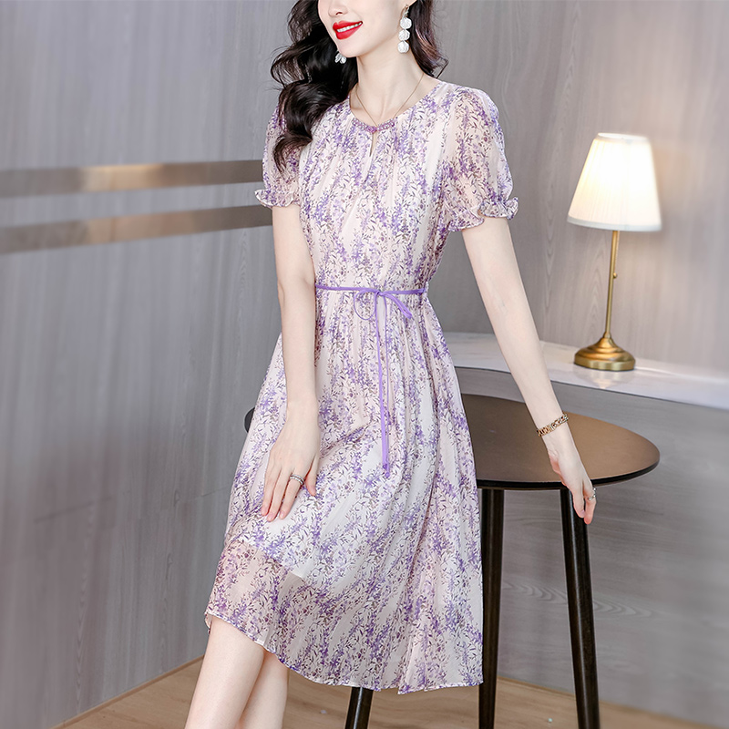LN31527# 紫色碎花天丝法式连衣裙女夏季高级感气质淑女裙子 服裝批發女裝批發服飾貨源