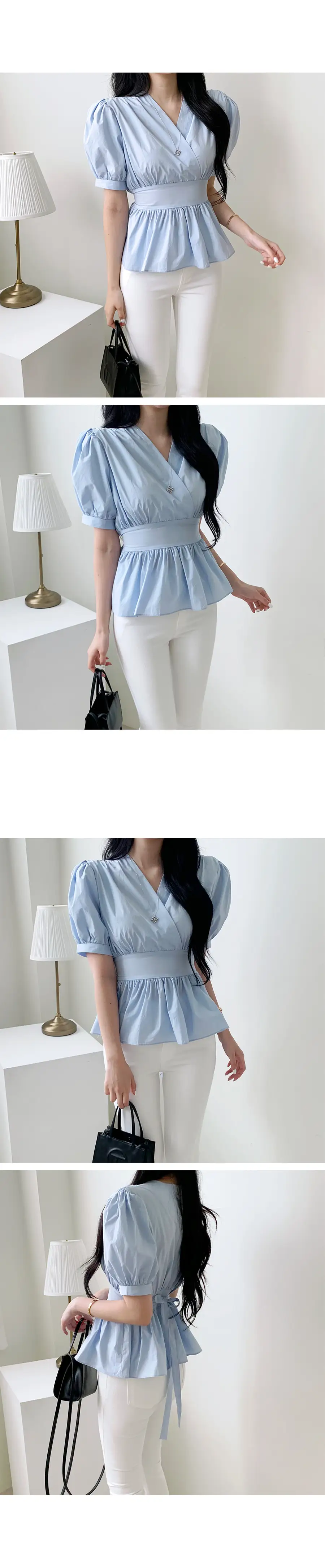 여성용 V넥 퍼프소매 수입 블라우스 상세 이미지 5