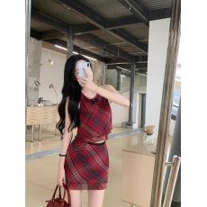 批发红色短款格子<b class='q'>背心</b>上衣<b class='q'>雪纺</b><b class='q'>双层</b>浪边半身短裙子辣妹套装裙