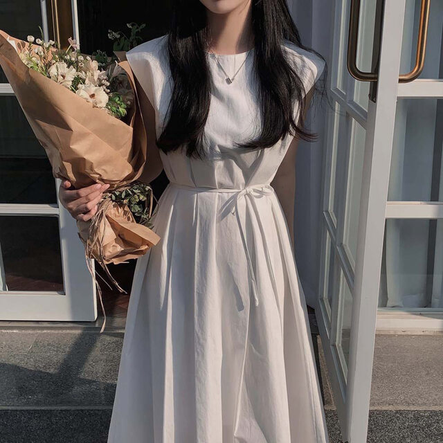 한국 chic 여름 미니멀리즘 라운드 넥 레이스업 허리 수축 슬림해 보이는 플리츠 민소매 드레스 롱 스커트 여성