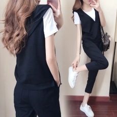 批发M--4XL 胖妹妹三件套装大码女装200斤胖mm短袖上衣<b class='q'>马甲</b>七分裤