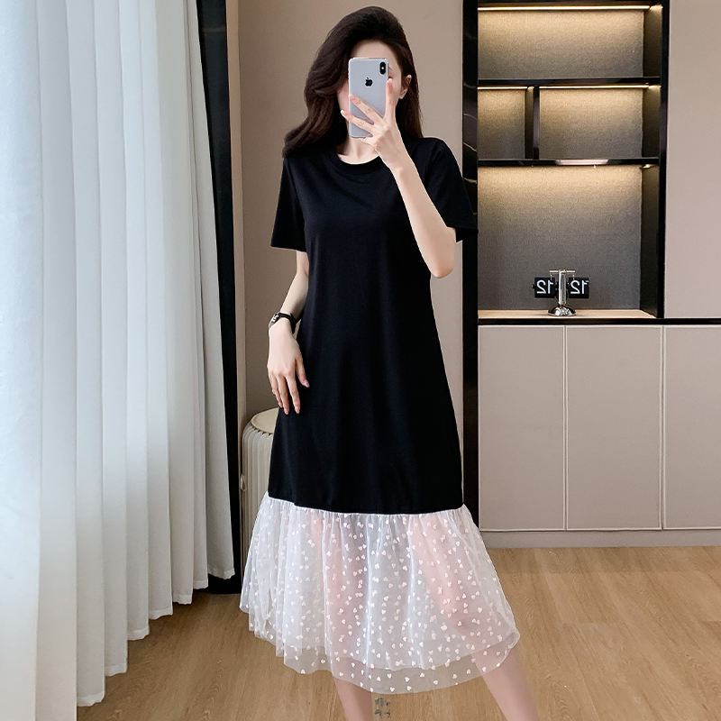 실사 망사 패치워크 드레스 하트 주름 장식 미니멀리즘 중간 길이 빅 사이즈 티셔츠 치마 여성 여름