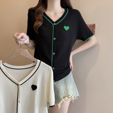 批发2026年夏季新款V领拼接撞色冰丝<b class='q'>针织衫</b>上衣大码女装<b class='q'>宽松</b>短袖T恤