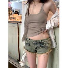 批发TITI小姐姐泰兰德辣妹牛仔短裤女夏季包臀低腰定染毛边复古热裤