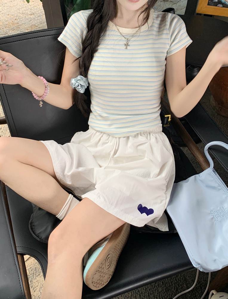 실사 새로운 루즈핏 캐주얼 운동 다용도 핫 바지 여름 신선함 스트라이프 반팔 t 투피스 세트
