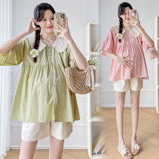批发实拍孕妇夏装新款设计感小清新宽松显瘦甜美衬衫上衣娃娃衫套装