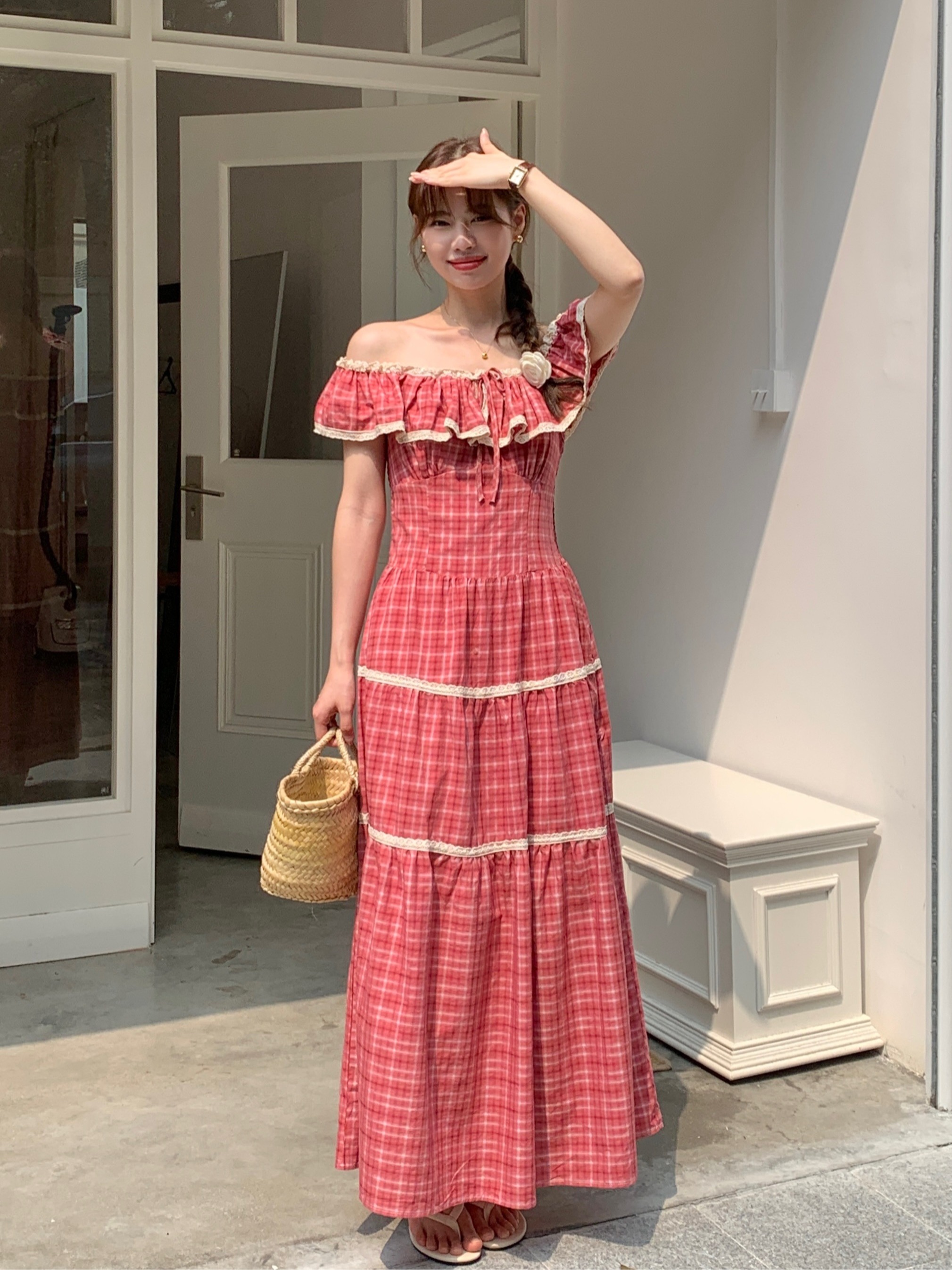LN30075# 韩版修身法式蛋糕裙a字红色格子荷叶边连衣裙