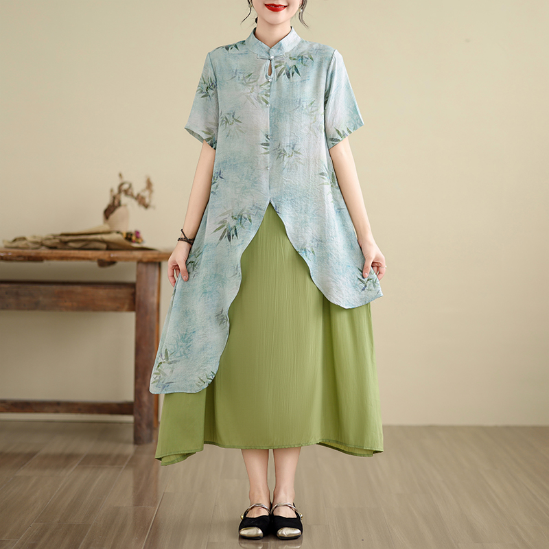 PF10532#大码新中式国风旗袍裙子女夏装新款中年妈妈洋气时尚假两件连衣...