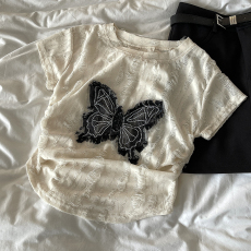 批发美式复古蝴蝶短袖T恤女2024夏季破洞设计修身显瘦上衣