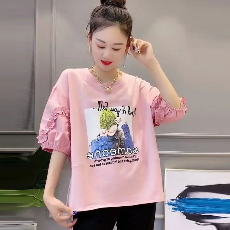 FA36170# 纯棉短袖中半袖t恤女夏爆款荷叶花边上衣宽松圆领百搭  服裝批發女裝批發服飾貨源