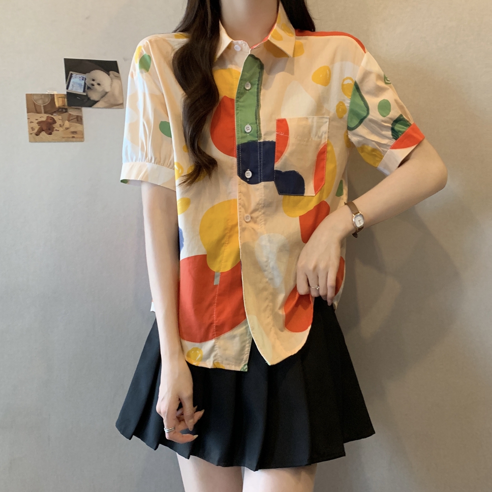 RY2429# 实拍夏装新款大码女装通勤翻领彩绘涂鸦高端棉衬衫上衣M-4X...