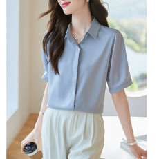 批发实拍2026夏季新款白色长袖真丝<b class='q'>衬衫</b>女设计感气质翻领通勤上衣