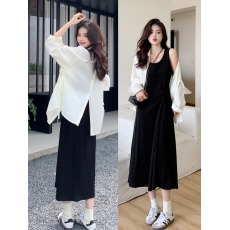 批发设计感抽绳衬衫外套衬衣开衫2026新款背心裙两件套中长款连衣裙子