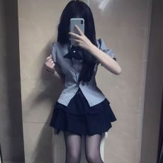 创峰后腰全松紧暗黑系网纱拼接高腰半身裙辣妹百搭系带显瘦蛋糕裙