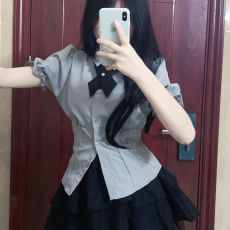 批发创峰后腰全松紧暗黑系<b class='q'>网纱</b>拼接高腰半身裙辣妹百搭系带显瘦蛋糕裙