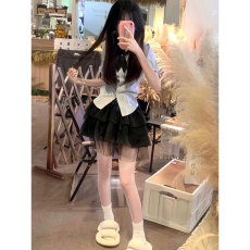 创峰后腰全松紧拼接蕾丝边高腰绑带蓬蓬短裙子女夏新款半身裙韩版