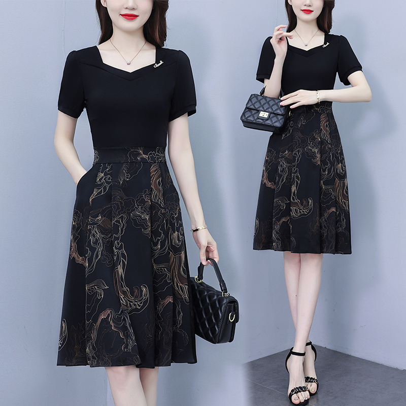 PF13169# 新中式国风方领短袖假两件连衣裙女夏季新款中长款修身显瘦裙子