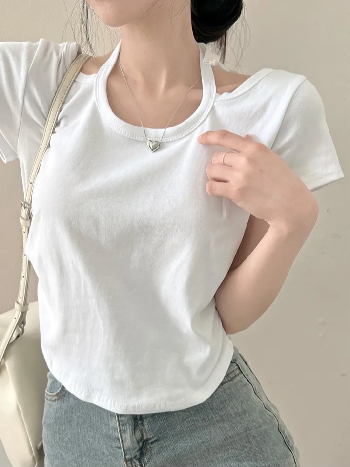 LN32279# 韩国chic新款显瘦时尚设计感挂脖T恤上衣女装 服裝批發女裝批發服飾貨源