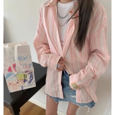 批发韩版夏季设计感休闲宽松条纹贴标衬衫休闲宽松<b class='q'>百搭</b>显瘦防晒衣女