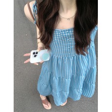 批发实拍实价#格纹吊带连衣裙女夏季新款显瘦度假<b class='q'>背心</b>长裙