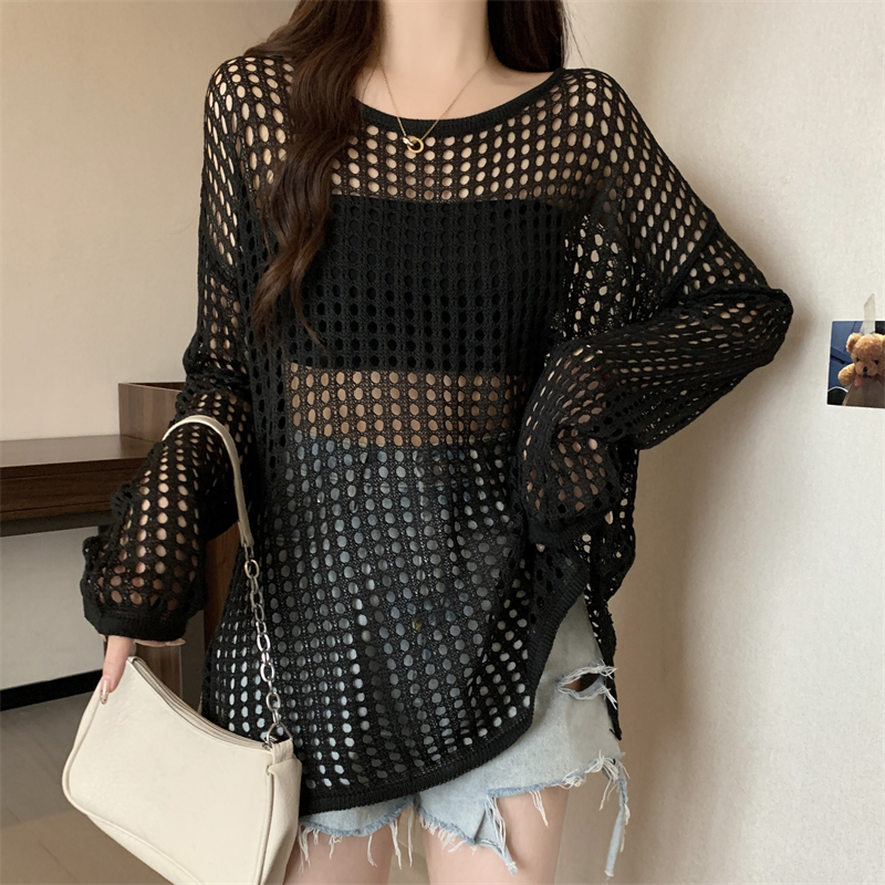 Real shot of large size hollow long-sleeved sun protection sweater for women summer thin blouse air conditioning shirt fat mm loose slimming top