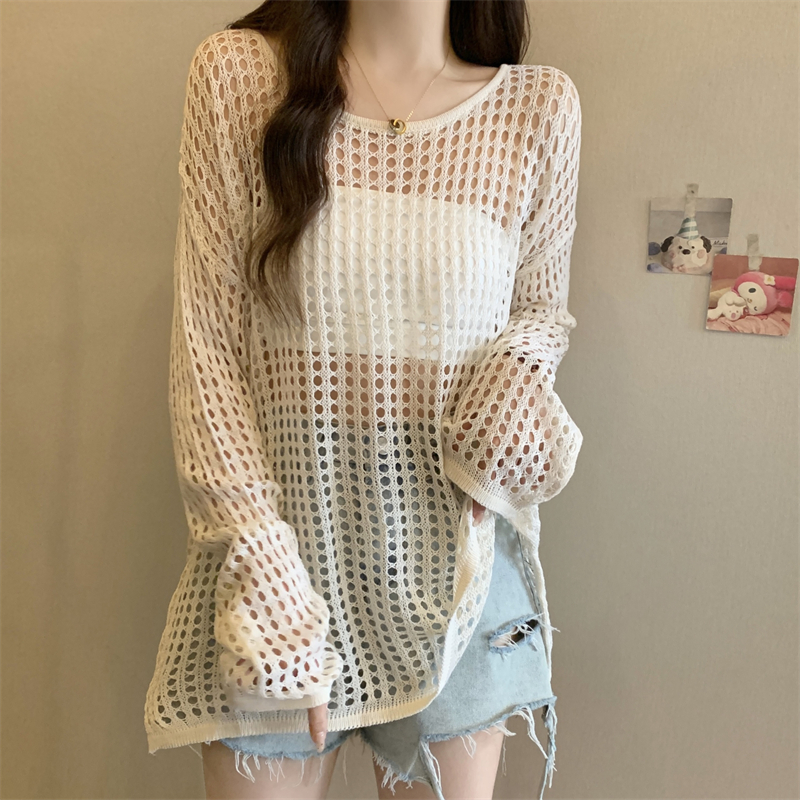 Real shot of large size hollow long-sleeved sun protection sweater for women summer thin blouse air conditioning shirt fat mm loose slimming top