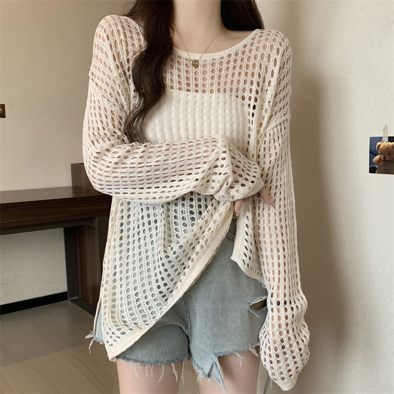 Real shot of large size hollow long-sleeved sun protection sweater for women summer thin blouse air conditioning shirt fat mm loose slimming top