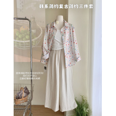 批发复古<b class='q'>彩色</b>波点翻领衬衫+百搭打底背心+宽松褶皱垂感休闲裤三件套