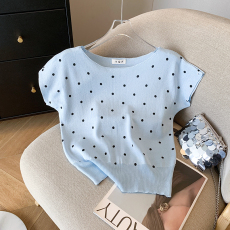 批发实拍 大货2026设计感波点露肩<b class='q'>T</b><b class='q'>恤</b>露锁骨甜辣妹纯欲风冰丝针织衫<b class='q'>女</b>