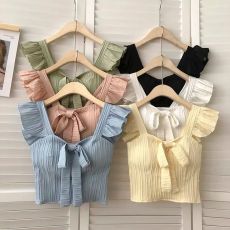 批发海边度假风百搭绑带蝴蝶结飞飞袖带胸垫显瘦短款吊带背心上衣女