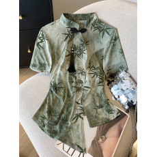 批发新中式国风竹叶印花盘扣短袖t恤女夏款<b class='q'>不规则</b>开叉上衣薄荷曼波风