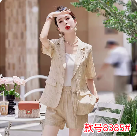 PF9362#时尚新中式刺绣气质西装套装女夏季薄款小个子短裤两件套休闲女裝貨源服裝批發