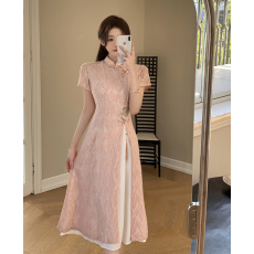 批发中国风改良旗袍女2024年新款年轻款少女蕾丝高端气质粉色连衣裙子