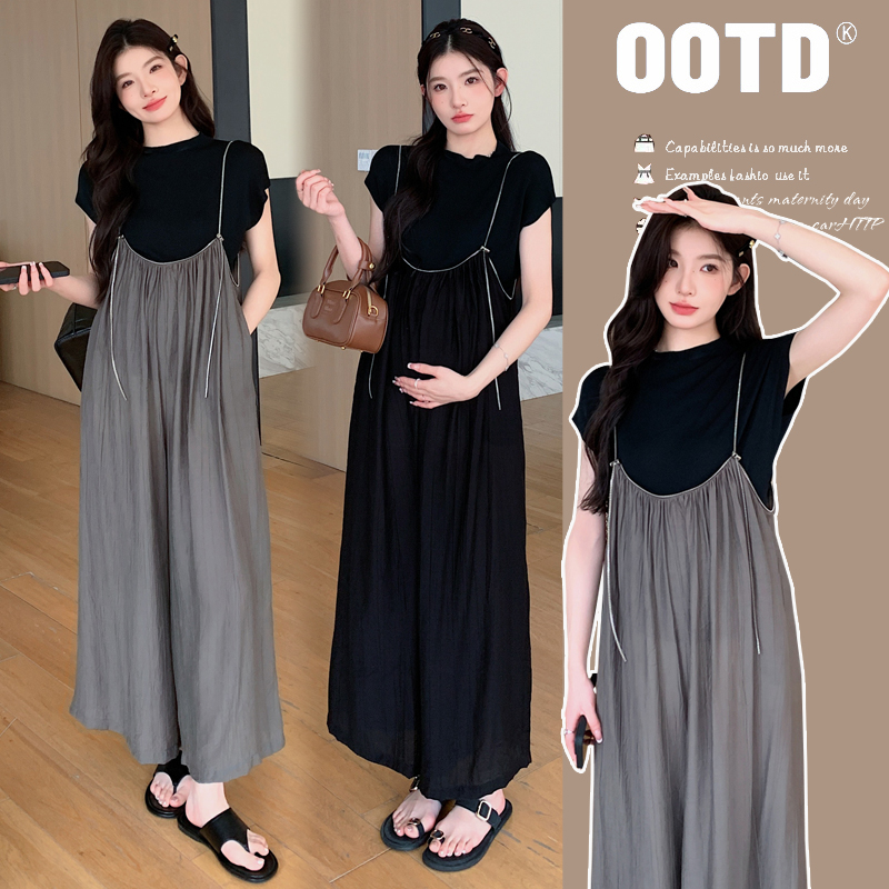 실사 2026 여름 새로운 임산부 넓은 다리 지퍼 디자인 멜빵 바지 얼음 실크 만나는 맨위 투피스 세트