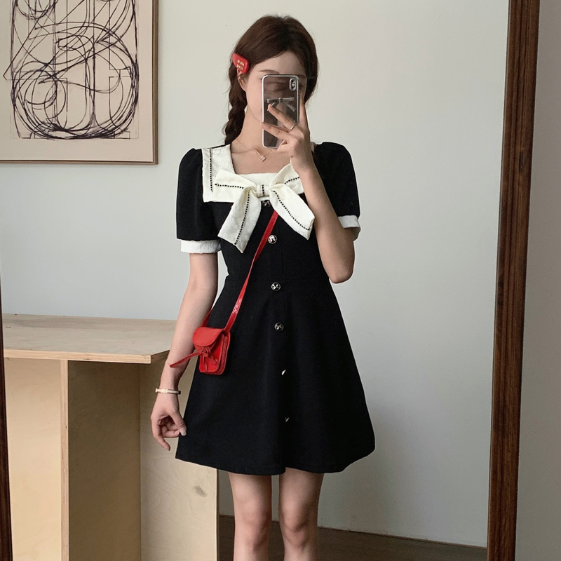 MY757# 胖mm高腰蝴蝶结方领短袖大码连衣裙女韩版女裝貨源服裝批發