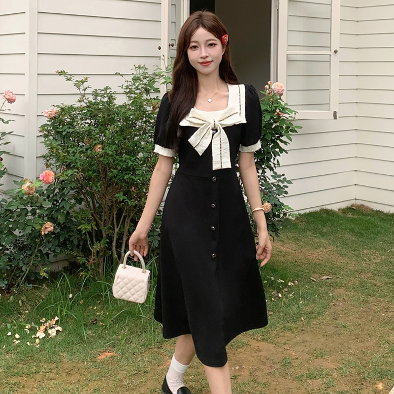 MY758# 胖mm高腰蝴蝶结方领短袖大码连衣裙女韩版女裝貨源服裝批發