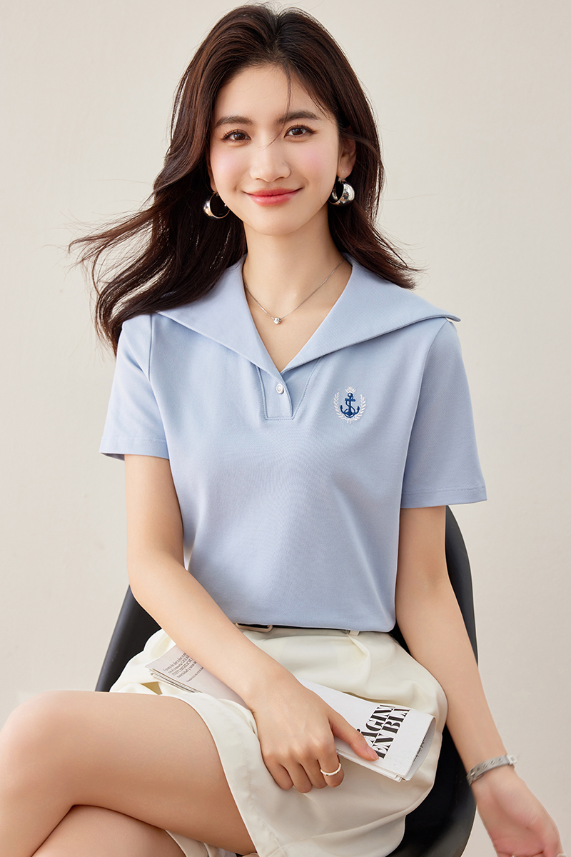 실사 프랑스식 해군 칼라 반팔 티셔츠 여성 디자인 센스 Chic 캐주얼 동정 맨위 2026 여름