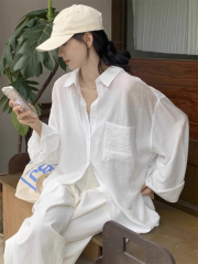 French white cotton and linen sun protection shirt jacket for women