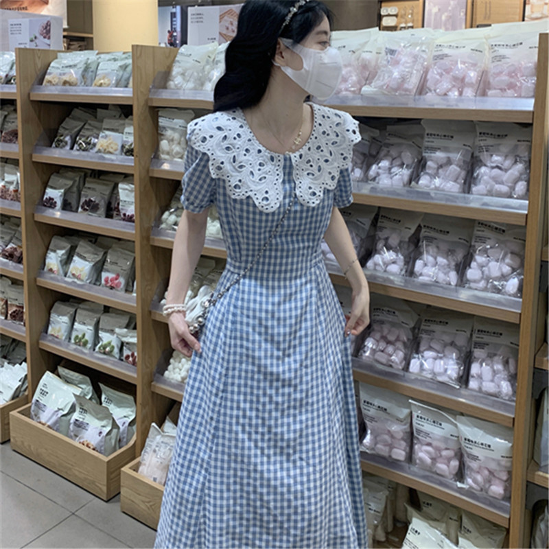 실사 부드러운 프랑스식 레트로 품격 드레스 실 빈 자수 숄 칼라 체크무늬 허리 수축 치마