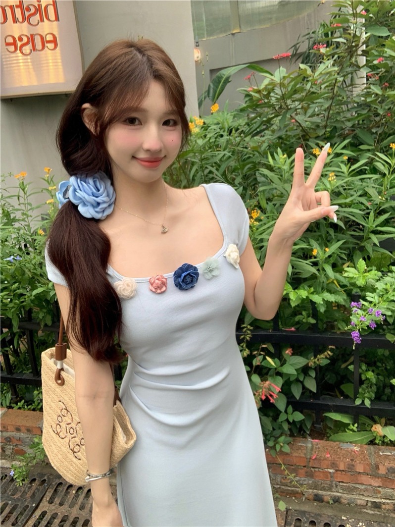 실사 둘째 머리카락 품격 u 칼라 드레스 3 차원 탈착식 꽃 타이트 스커트 슬림해 보이는 반팔 롱 스커트 여름