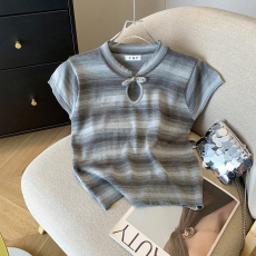 批发实拍 大货2026夏季新款设计感国风新中式条纹短袖<b class='q'>T</b><b class='q'>恤</b>上衣针织衫<b class='q'>女</b>