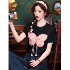 批发蝴蝶结盘扣短袖T恤女装夏季大码宽松胖mm显瘦新中式国风百搭上衣
