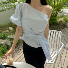 批发韩国chic夏季新款设计感露肩系带衬衫