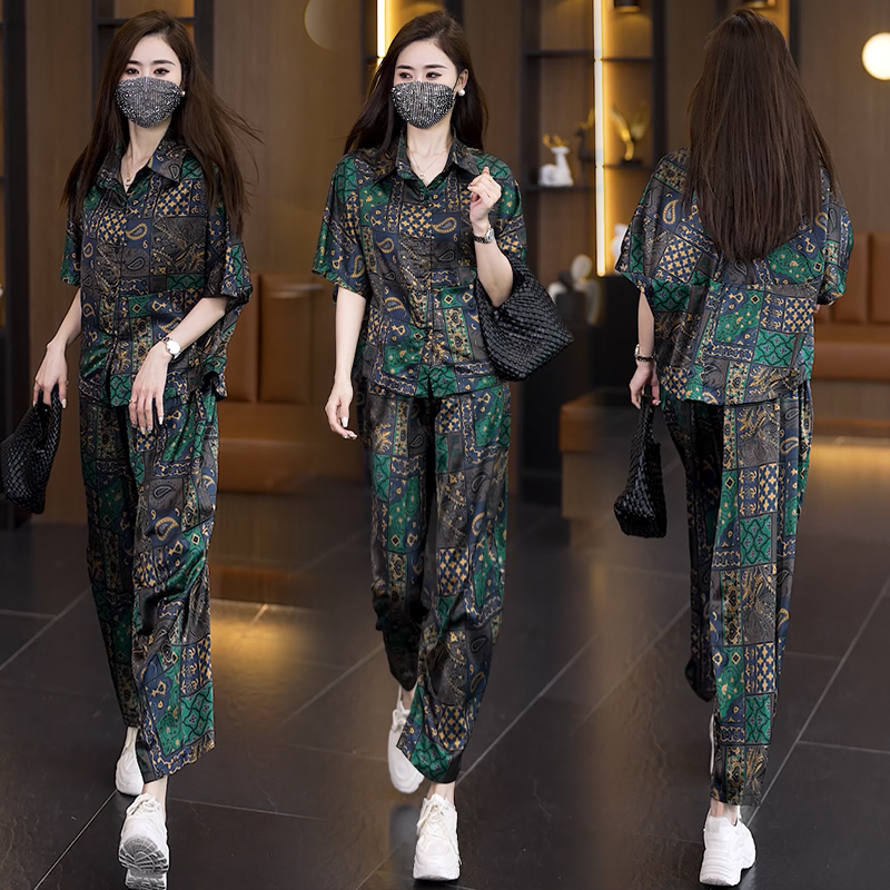 MY12464#新款透气时尚宽松遮肉透气高级印花套装女裝貨源服裝批發
