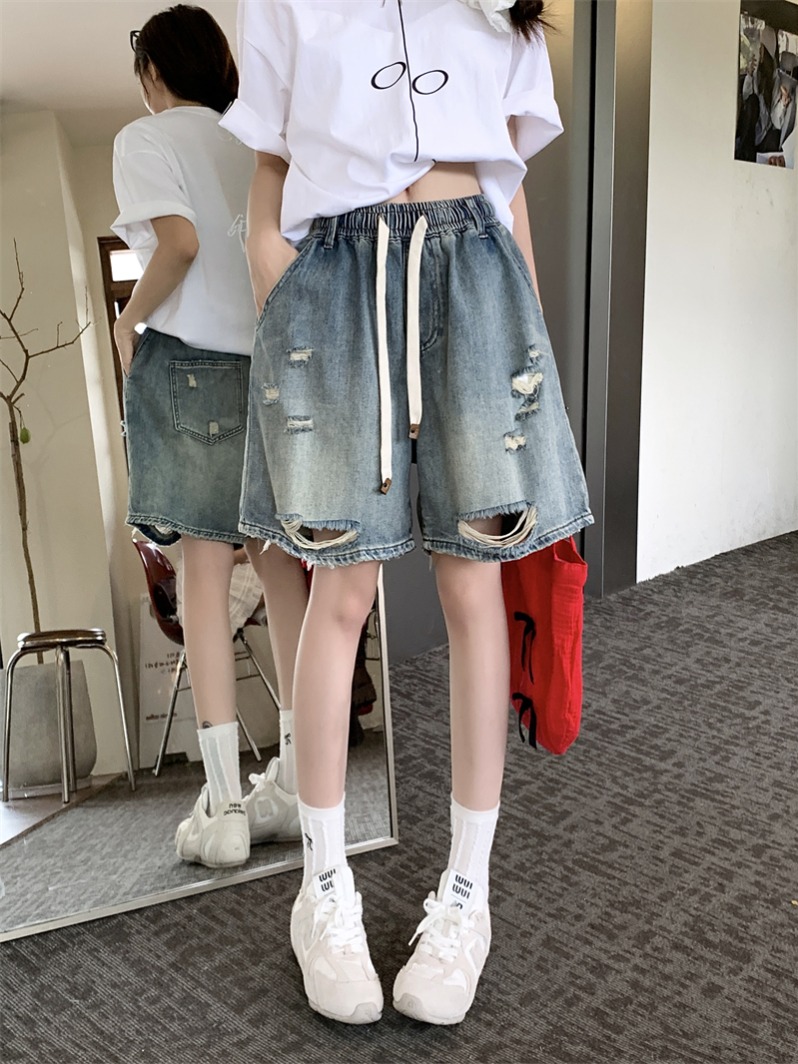 실사 빅 사이즈 레이스업 허리밴드 워시 물 마 오래된 찢어진 부분 5 점 청바지 루즈핏 캐주얼 스트레이트 넓은 다리가 짧다. 바지