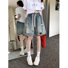 批发实拍大码系带<b class='q'>松紧</b>腰洗水做旧破洞五分<b class='q'>牛仔裤</b>宽松休闲直筒阔腿短裤